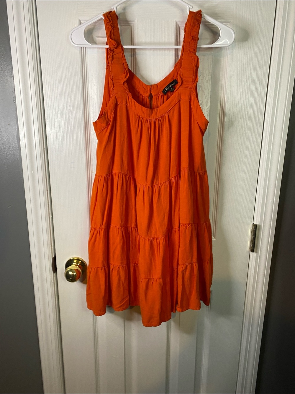 Shine star Dress Size Medium Orange Ruffles Strap Tierd Mini Baby Doll Dress .